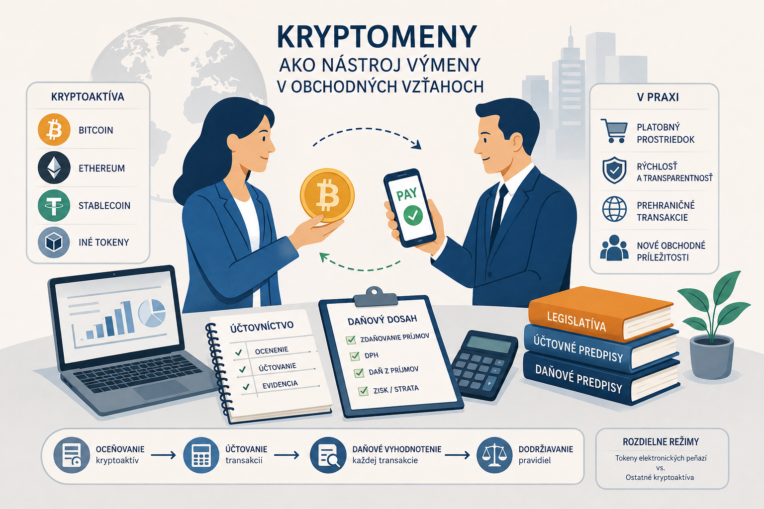 Platby kryptoaktívami: účtovanie, dane a DPH
